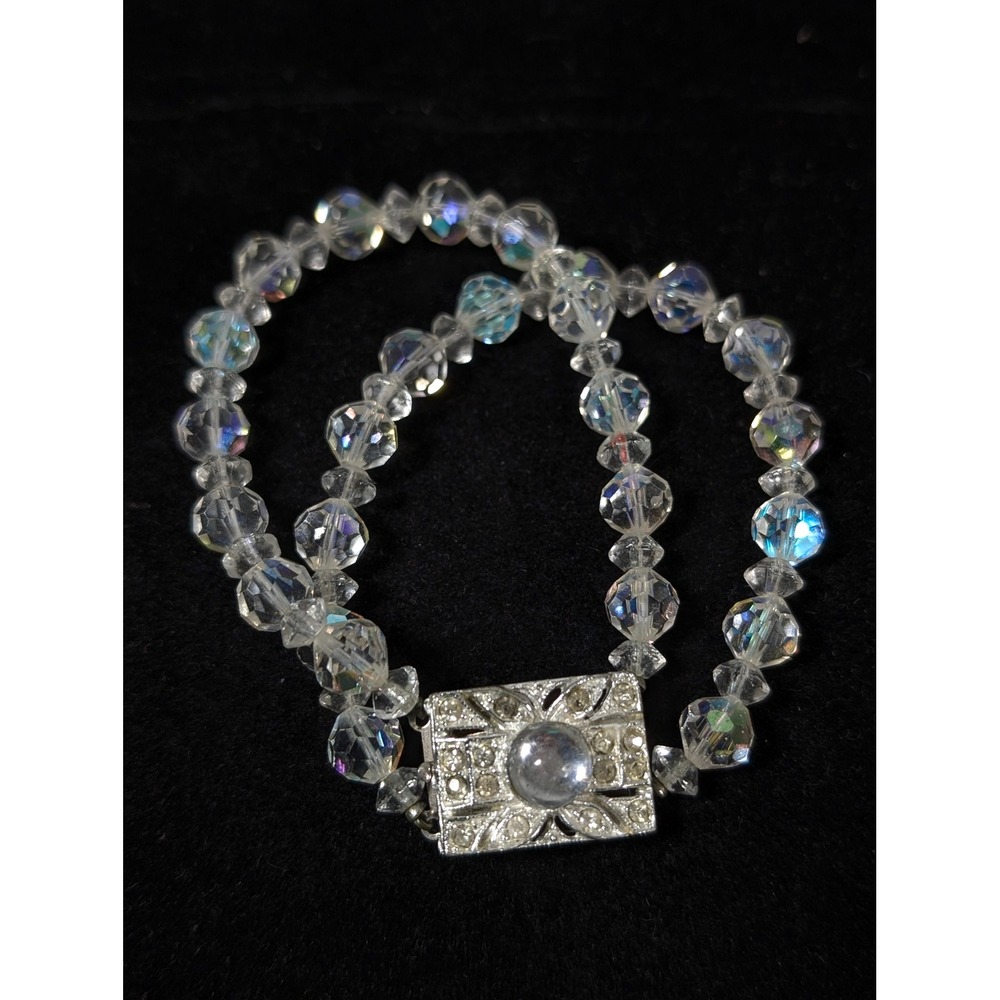 Vintage Aurora Borealis Glass Bead Double Strand Bracelet Silver Tone 6.5 In